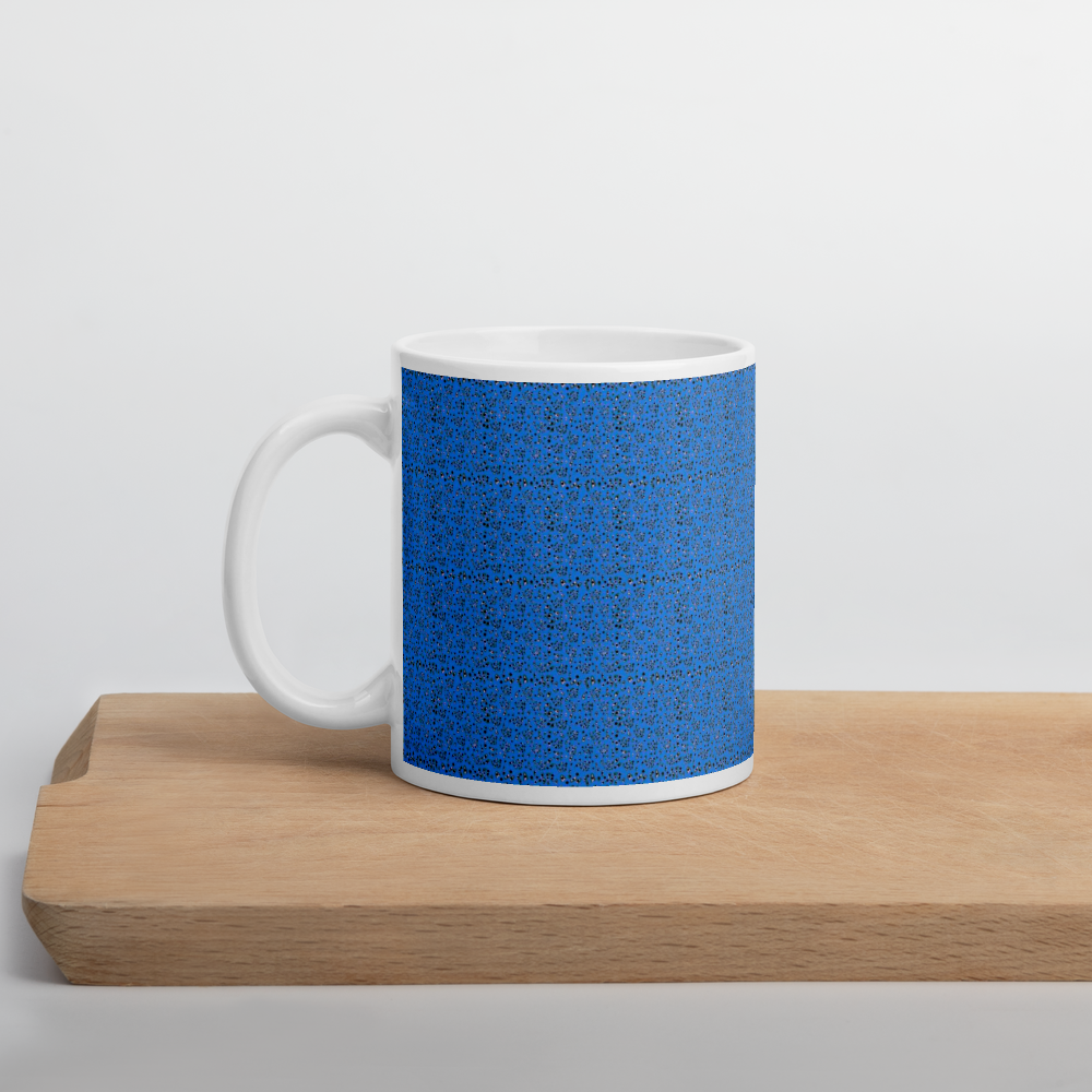White Glossy Mug, Blue Pattern Print, Home