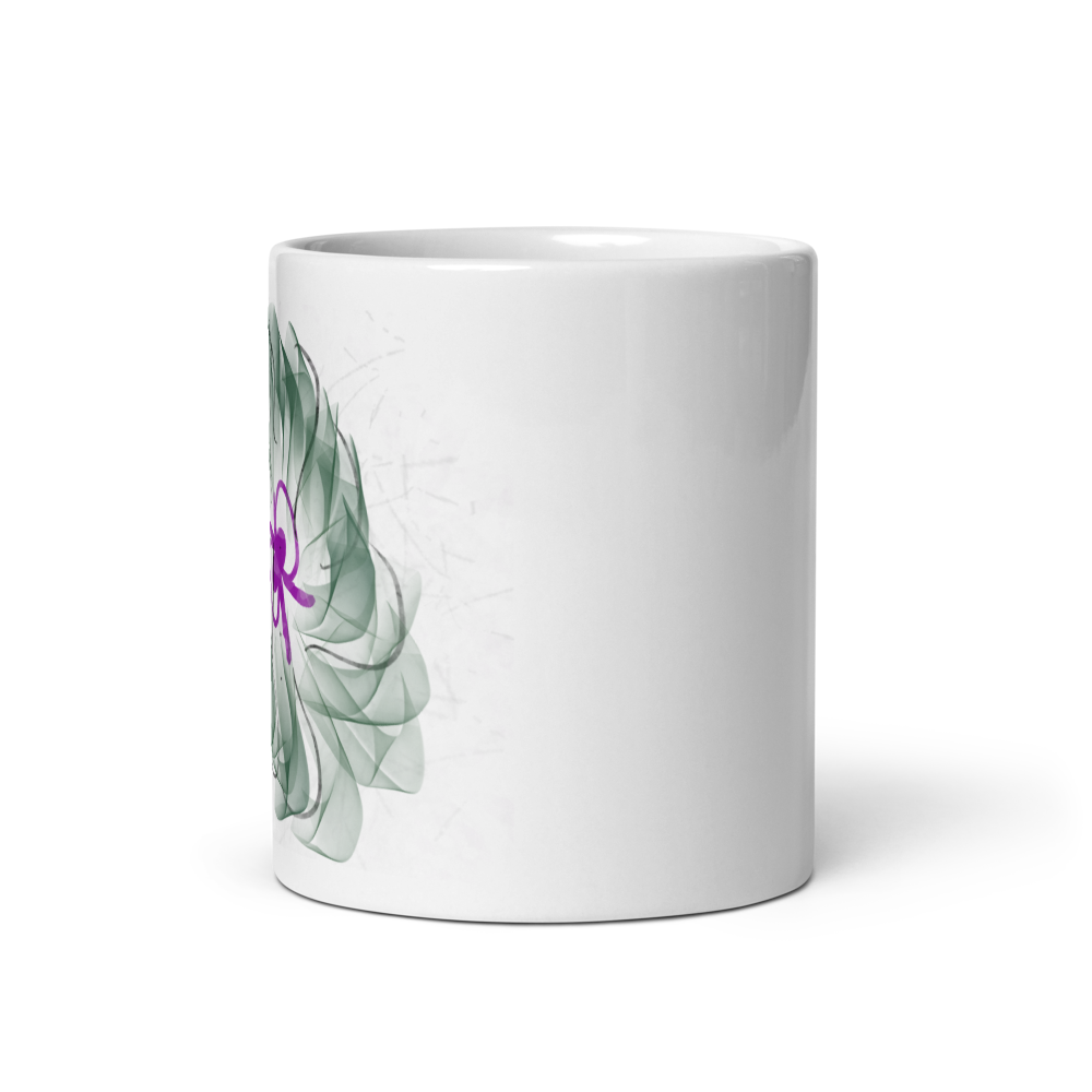 White Glossy Mug, Green Floral Print, Home