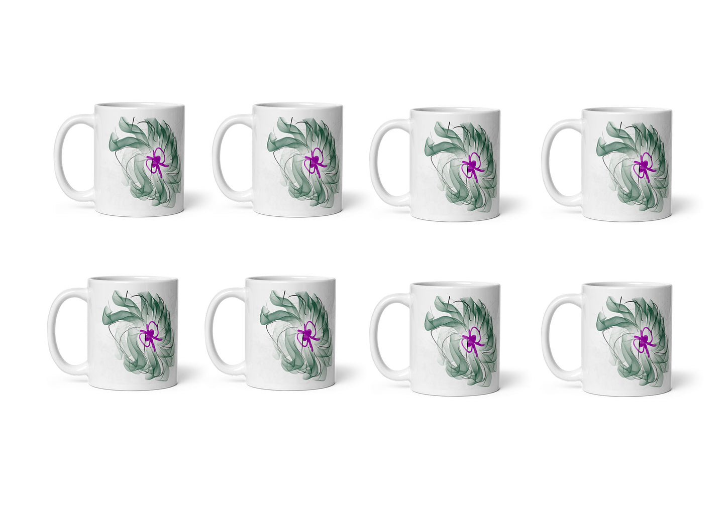 White Glossy Mug, Green Floral Print, Home