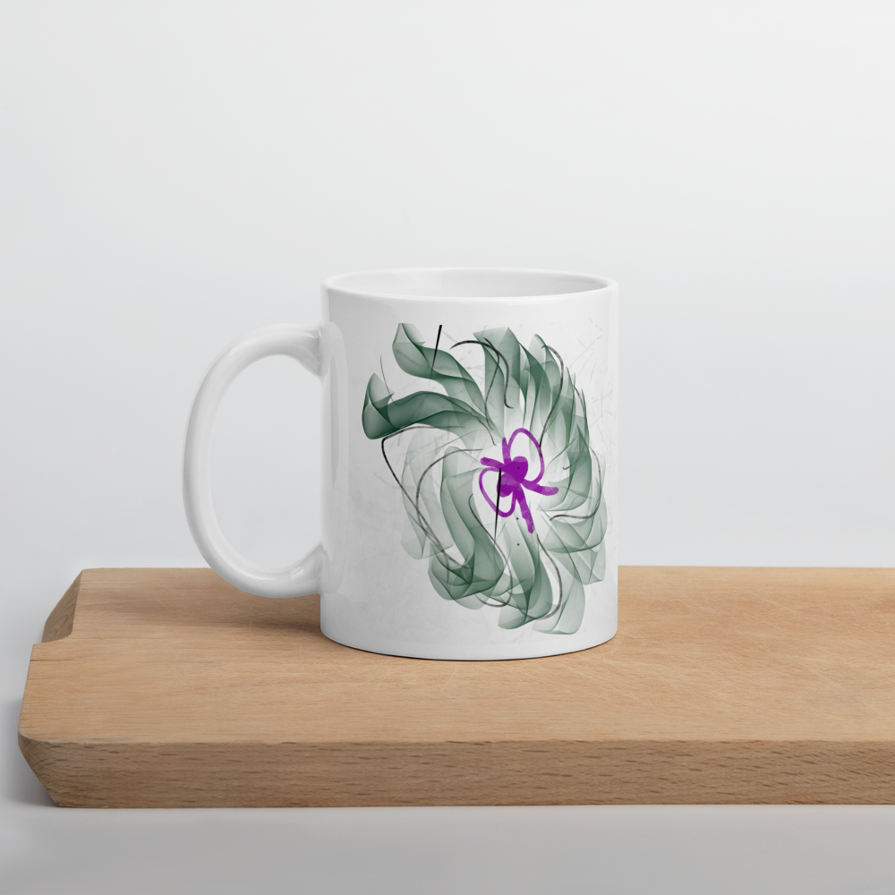 White Glossy Mug, Green Floral Print, Home